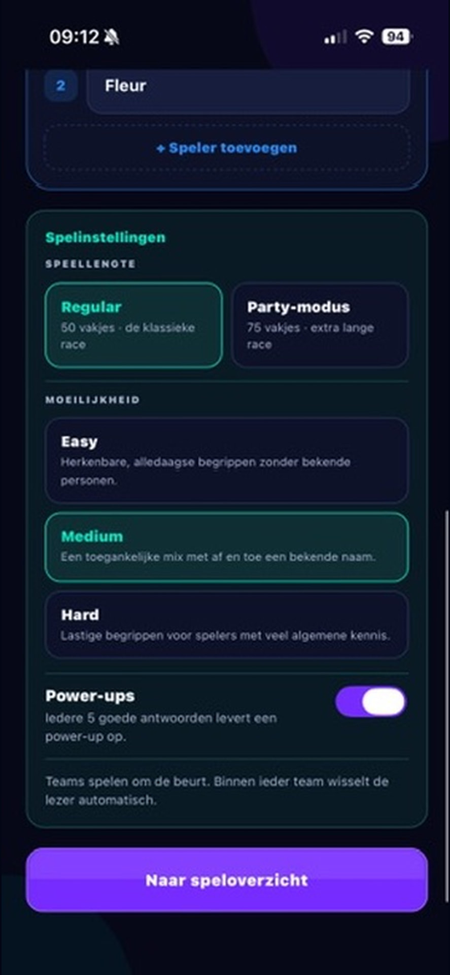 Schermafbeelding van de ThinkFast!-app: Stel het spel samen