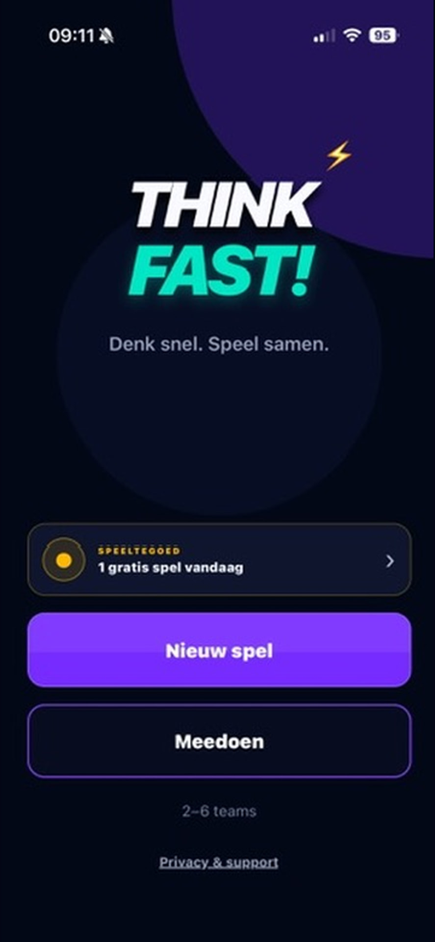 Het hoofdmenu van de ThinkFast!-app